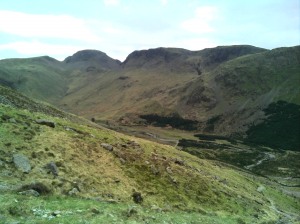 Looking back to Blacksail Pass (second notch in from the left) from Scarth Gap